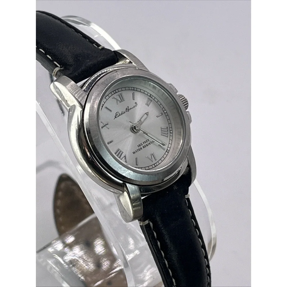 Eddie Bauer Women's Quartz Watch Black Leather Band‎ 28mm Case- New Battery